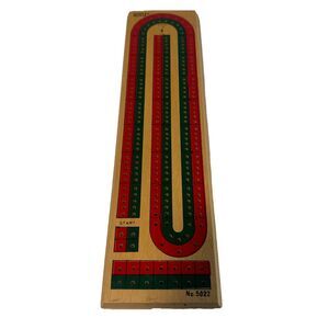 Vintage Hoyle Wood Cribbage Board Red Green 2 Track No 5022 w/3 Green 3 Red Pegs